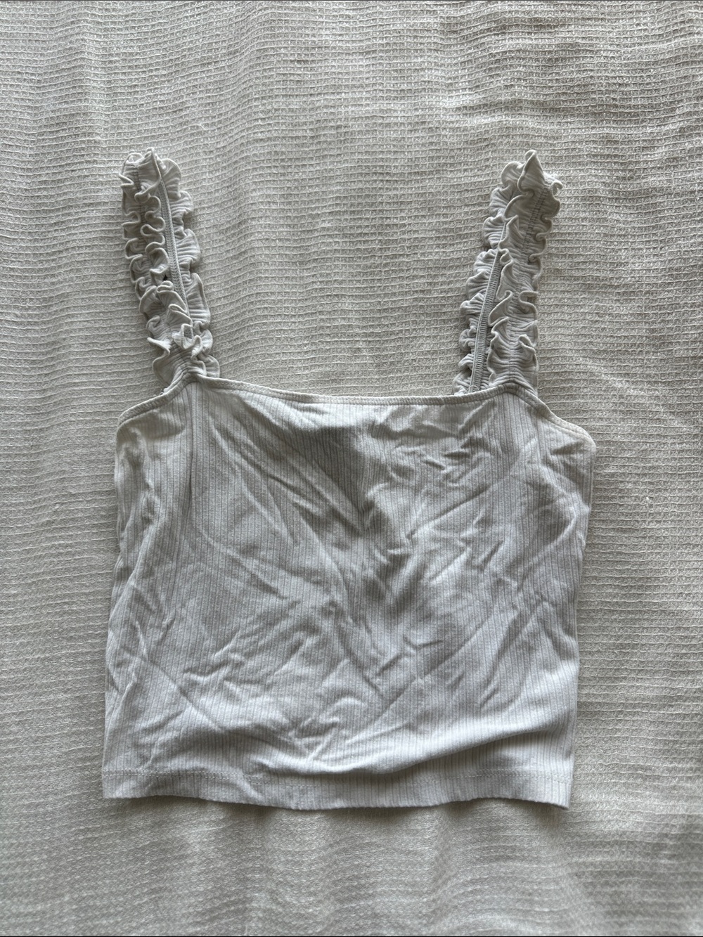 Forever 21 White Ruffled Strap Ribbed Crop Top